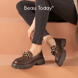 Casual Shoes BeauToday Chunky Loafers Women Genuine Cow Leather Platform Round Toe Metal Chain Slip On Ladies Flats Handmade 27748