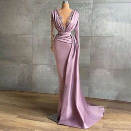 Evening Purple Satin Dresses for Women Applique V Neck Mermaid Prom Party Gowns Long Wrap Formal Robe De Soir E