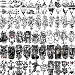 Tattoo Transfer 52 Sheets Black Skull Temporary Tattoos For Men Women Arm Neck Tattoos Paste Fake Small Flower Mountain Snake Animals 3D Tattoos 240426