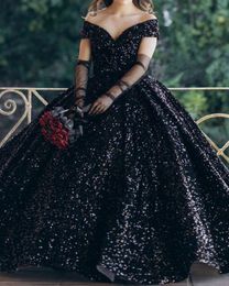 Sparkly Black Sequined Wedding Dresses Off The Shoulder V-Neck Floor Length Gothic Wedding Gown Back Lace-Up 2024 Vintage Bride Wear Vestido De Novia