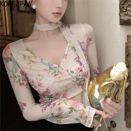 Women's T Shirts Korejpaa 2024 Autumn Shirt Women Long Sleeve Top Casual Floral Print Mesh V-neck Ribbon Ruffles Clothes Korean Fashion