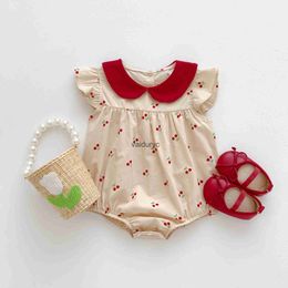 Rompers 2024 Summer Girls Bodysuit Full Of Cherry Print Toddler One Piece Peter Pan Collar Girls Clothes H240429