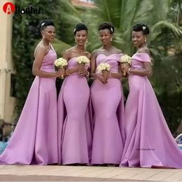 Nya afrikanska kvinnor sjöjungfru brudtärna klänningar lila satin lång en axel bröllopsfest klänning maid of Honor prom aftonklänningar 2024