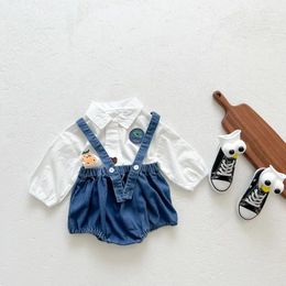Clothing Sets Cute Born Baby Denim Romper For 0-3Years Kids Boy Suspender Bloomer Short Bowtie White Shirt Outfits Spring Autumn Clothes