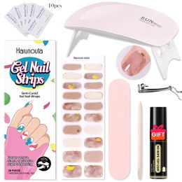 Kits Harunouta 5Pcs Mable Gel Nail Wraps Set Semicured Mini UV Lamp with Top Coat Nail Clippers Manicure Kit Long Lasting Gel Decals