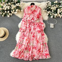 Casual Dresses French Chic Maxi Dress Women Floral Printed Lace-up Bow Collar Female Vestidos Lantern Sleeve Ladies Elegant Dropship