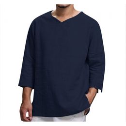 2024 Cotton Linen T-Shirt Men Casual V-neck Tees Spring Loose 3/4 Long Sleeve T Shirts Breathable Solid Color Pullover Tops Summer Autumn Male New Clothings