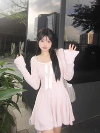 Casual Dresses Sweet Sling Dress Women Korean College Bow Pleated Spliced Soft Glutinous Temperament Gentle Pink Slim Winter Female Bottom