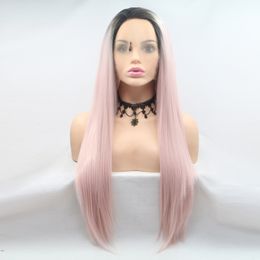 Ombre pink Colour Europe America Womens Synthetic Lace front Wig Glueless Frontal Wigs for Women Straight Wig Heat Resistant Fibre Party Laces wigs windy