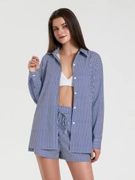 Women's Tracksuits Women 2 Pieces Striped Shorts Outfits Pyjamas Summer Long Sleeve Button Up Shirt With Drawstring Lounge Sets Streetwear