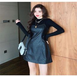 Casual Dresses Sexy Women Leather Spagettie Strap Bodycon Mini Dress Black Two Piece Set Elegant Fall Autumn Outfit Clubwear Party Steetwear