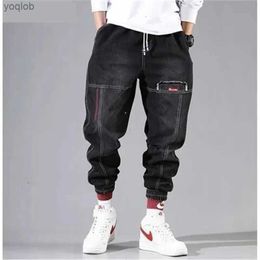 Men's Jeans Korean fashion ankle strap denim mens jeans black Grey cargo mens elastic pocket harem pants street clothing hip-hop jeansL2404L2403