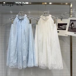 Casual Dresses Fairy Lloose Sleeveless Pearls Blue Midi Gauze Dress For Women 2024 Summer Sweet Girl Beaded Mesh Short Halter