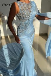 Party Dresses Aso Ebi Woman Blue Mermaid Evening Dress With One Shoulder Cape Beaded Dubai Long Formal Wedding Reception Gowns
