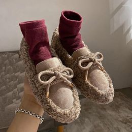 Casual Shoes Winter Curly Wool Fur Moccasins Cotton Women Plush Sneakers Woman Bow-knot Flats Fleeces Loafers 2024 Plus Size 34-42