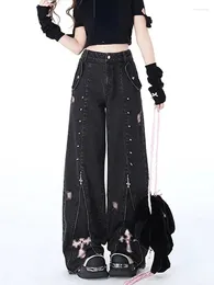 Women's Jeans High Waist Vintage Black Gothic Baggy Women Aesthetic Y2K Harajuku Trousers With Cool Straight Leg Sweet Cowboy Pants