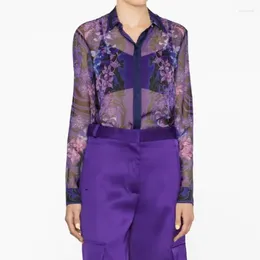 Women's Blouses High End Women Printed Silk Long Sleeves Purple Elegant Lady Office Work Basic Top Shirts Quality Female Slim Clothing