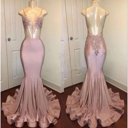 Pink Stunning Long Beaded Dusty Crystals Mermaid Prom Dresses 2020 Spaghetti Straps Backless Evening Gowns Formal Party Wear Ba8240