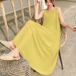 Casual Dresses Summer Sexy Women Long Dress High Waist V-Neck Sleeveless Holiday Beach Artificial Cotton Vest Solid Colour Robes