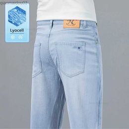 Men's Jeans Summer mens ultra-thin jeans light white blue Lyocell fabric breathable and loose straight business casual mens denim TrousersL2404