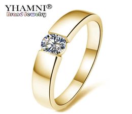 YHAMNI Pure Gold Color Solitaire Zircon Ring CZ Engagement Wedding Jewelry Rings For Women and Men Ring Size 513 YMKR1019582643868199