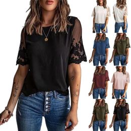 Women's Blouses Summer Independent Station Amazon Fashion Street Solid Color Round Neck Short Sleeves Top Lace Chiffon Shirt