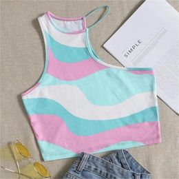 Women's Tanks Aesthetic Clothes Patchwork Colour Streetwear Camisole Short Sleeve Hip Hop Women Summer Crop Top Sexy Vintage Fashion Slim