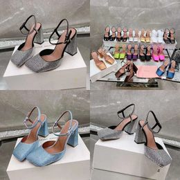 9.5cm Women's Designer Dress Square Toes Chunky Heel Rhinestone Sandal Ankle Strap Party Slingback Evening Shoes Original Quality