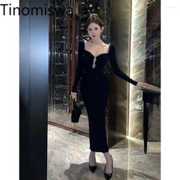 Casual Dresses Tinomiswa High Quality Party Dress Women Square Collar Long Sleeve Sexy Female Slim Fit Bodycon Hollow Out Robe Femme