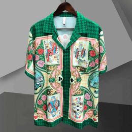 Erkekler Sıradan Gömlekler 2023 Yaz Erkekler Hawaiian Gömlek Sokak Giyim Vintage Oyun Kartı Desen Patchwork Baskı Plajı Hip Hop Gündelik Tatil Tops 240424