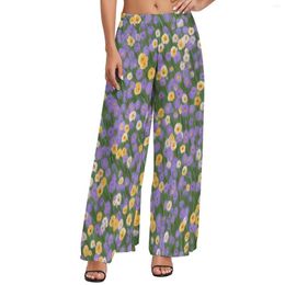 Women's Pants Floral Ditsy Yellow And Purple Streetwear Straight Wide High Waist Office Trousers 4XL 5XL 6XL