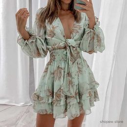 Basic Casual Dresses Women Dress Elegant Commuting V-neck Dress Chiffon Dress Tie Knot Ruffles Floral Print Dress Female Sexy Short A Line Vestidos