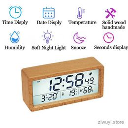 Desk Table Clocks Alarm Clock LED Wooden Digital Table Clock Home Decor Large Screen Date Temperature Humidity Backlight 12/24H Snooze Table Clock