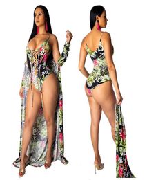 2019 new women sexy summer floral print beach Xlong cloak top lace up sleeveless bodysuit two piece set outfits overalls dro8080626