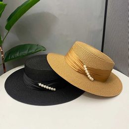 Wide Brim Hats Bucket Hats 2024 Summer French Elegant Beach Str Hat Visor Fitted Hat Brim Jazz Travel Pearl Female Casual Panama Hat Sunc J240425