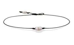Pearl Single Cultured Freshwater Pearls Necklace Choker for Women Genuine Leather Jewelry Handmade Black 14 inches3208100