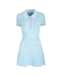 Spring Summer Blue Sequins Pockets Mini Dress Short Sleeve Lapel Neck Knitted Single-Breasted Casual Dresses W4A264092