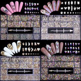 2800pcs Nail Art Rhinestones Kit Boxed 21 Grids Mixed Size Set 1pc Pick Up Pen Glass Crystal Decorations 3D AB Flat Gemstones 240425