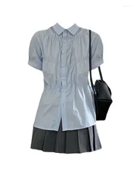 Work Dresses 2000s Aesthetic Korean Elegant Outfits 2 Piece Skirt Set Polo-Neck Blue Blouses High Waist Pleated Fashion Preppy Style