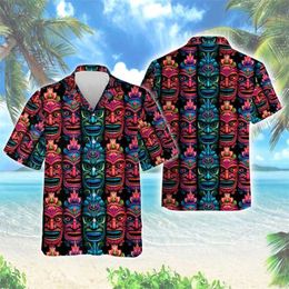 Men's Casual Shirts Hip Hop Hawaiian Tiki Mask 3D Printed Beach Shirt Harajuku Fashion Shirts For Men Clothes Polynesia God Short Sleeve Aloha Tops 240424