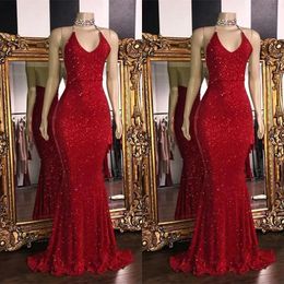 Sparkly Red SequinsSexy V Neck Backless Prom Dresses 2024 Halter Mermaid Long Prom Gowns Low Back Arabic Party Dress Vestidos de Mariee YD