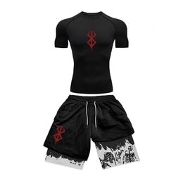 Mens Compression Suit Sports Fitness Quick Drying Suit Tight Short Sleeved Anime Double Layer Shorts Summer 240425