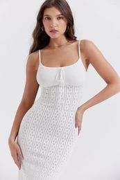 Casual Dresses Knitted White Dress Summer Spaghetti Strap Tie-up Front Long Sleeveless Solid Colour Midi Y2K Beachwear