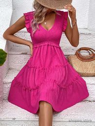 Basic Casual Dresses Summer Midi Dresses For Women Casual Red Ruffle Big Hem Holiday Beach Dress Fashion Sleevelee V Neck New In Dresses 2024