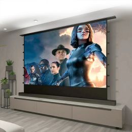 Motorized Floor Rising Screen 120 Inch Max Electric ALR CLR Rollable Floor Rising Long Throw Projector Screen Grey Crystal Ambient Light Rejecting HD 3D 4K