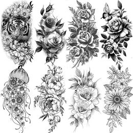 Tattoo Transfer Realistic Black Rose Flower Temporary Tattoos Fake Waterproof Tatoo Body Art Arm Leg Floral Peony Bloosom Tattoo Stickers Makeup 240426