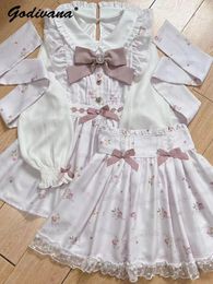 Work Dresses 2024 Spring Japanese Sweet Bow Music Score Long Sleeve Floral Dress And Skirt Two-Pieces Mine Women's Lolita Chiffon Set