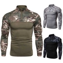 Tactical T-shirts Mens tactical camouflage long sleeved T-shirt outdoor military T-shirt quick drying tight fitting mens clothing breathable 240426