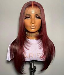 Natural Looking 26Inch Long 180 Density Wig Burgundy Silky Straight Lace Front Wig For Women Black Colour With Preplucked Glueless 1999919