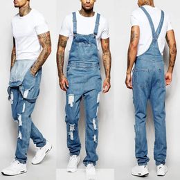 Mens Suspenders Denim Romper Ripped Jeans Trousers Fashion Jeans Jumpsuits Mens Casual Solid Colour Pocket Stitching Jeans 240410